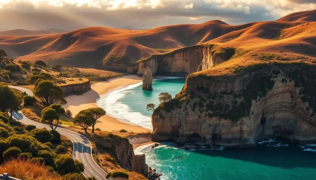 A breathtaking coastal landscape along the famous Great Ocean Road in Victoria, Australia. In the foreground, a winding road hugs the cliffs, leading the eye towards a picturesque beach with golden sand and azure waters. The middle ground features lush, verdant eucalyptus trees and rugged, weathered rock formations. In the background, towering cliffs and rolling hills create a dramatic, cinematic backdrop, bathed in warm, golden sunlight filtering through wispy clouds. The scene exudes a sense of tranquility and natural beauty, perfectly capturing the essence of a nature and wildlife experience along this iconic Australian coastline. A breathtaking coastal landscape along the famous Great Ocean Road in Victoria, Australia. In the foreground, a winding road hugs the cliffs, leading the eye towards a picturesque beach with golden sand and azure waters. The middle ground features lush, verdant eucalyptus trees and rugged, weathered rock formations. In the background, towering cliffs and rolling hills create a dramatic, cinematic backdrop, bathed in warm, golden sunlight filtering through wispy clouds. The scene exudes a sense of tranquility and natural beauty, perfectly capturing the essence of a nature and wildlife experience along this iconic Australian coastline.