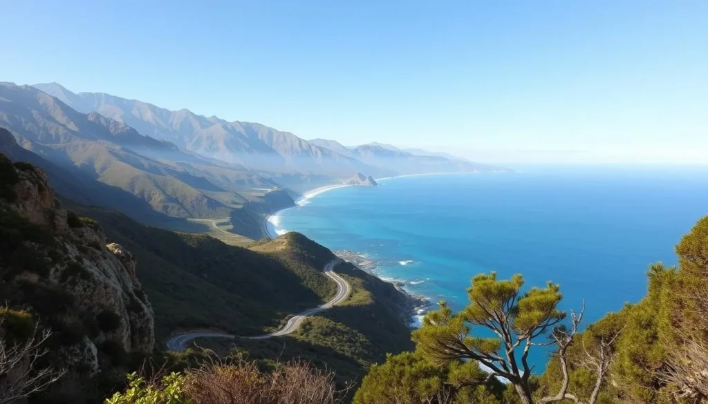 A breathtaking coastal landscape of Big Sur, California. In the foreground, rugged cliffs and lush vegetation frame the scene, leading the eye towards the stunning azure waters of the Pacific Ocean. In the middle ground, a winding road snakes along the coastline, offering a glimpse of the adventurous journey ahead. The background is dominated by the majestic Santa Lucia Mountains, their peaks bathed in warm, golden sunlight. The overall atmosphere is one of serene tranquility, inviting the viewer to immerse themselves in the natural beauty of this remarkable region.