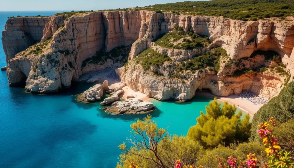 A breathtaking coastal landscape of the Costa Brava in Spain. Towering limestone cliffs plunge into the azure waters of the Mediterranean, their rugged edges carved by the relentless waves. In the foreground, a secluded cove with a sandy beach and crystal-clear turquoise waters. Lush Mediterranean vegetation, including olive trees and vibrant wildflowers, clings to the rocky slopes. Warm, golden sunlight bathes the scene, casting dramatic shadows and highlights. A serene, peaceful atmosphere, with a sense of timeless tranquility. Capture the wild, untamed beauty of this stunning Spanish coastline.