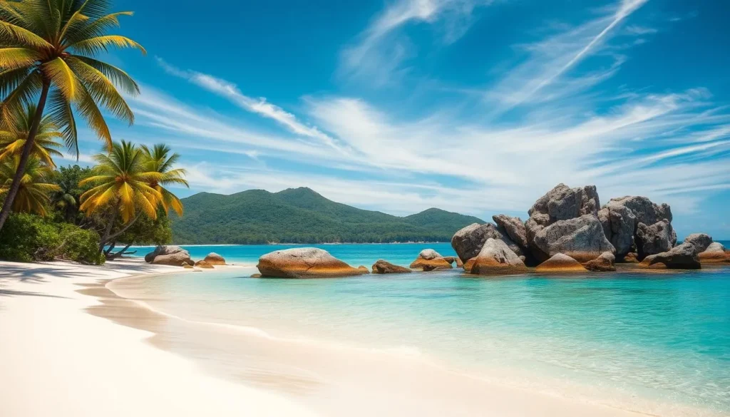 A breathtaking coastal scene of Catseye Beach on Hamilton Island, Queensland. In the foreground, soft white sand leads to crystal-clear turquoise waters gently lapping at the shore. Towering palm trees sway in the gentle breeze, casting dappled shadows over the tranquil scene. In the middle ground, rugged granite boulders jut out from the water's edge, their weathered surfaces reflecting the warm hues of the afternoon sun. The distant horizon is framed by lush green hills, with wispy clouds drifting overhead in a brilliant azure sky. The overall atmosphere is one of serene, unspoiled natural beauty, inviting visitors to bask in the splendor of this breathtaking Australian paradise.