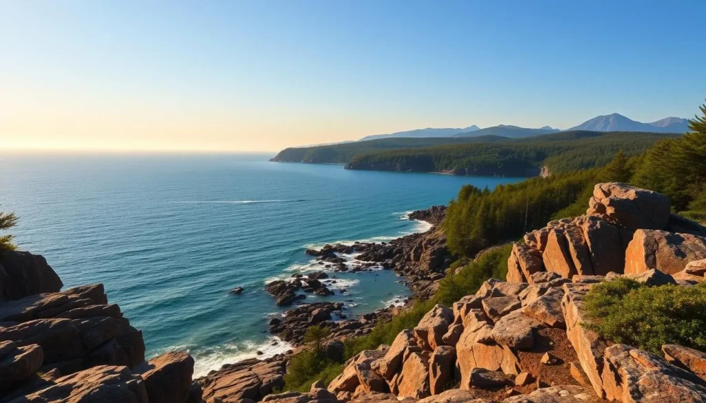 A breathtaking coastal view of Bar Harbor, Maine, under a warm, golden afternoon sun. In the foreground, rugged granite cliffs lead down to a pristine, rocky shoreline kissed by gentle waves. The middle ground features a lush, verdant forest canopy, its vibrant greens contrasting with the deep blue of the Atlantic Ocean beyond. In the distance, the iconic Acadia National Park mountains rise majestically, their peaks bathed in a soft, hazy light. The scene exudes a serene, timeless atmosphere, capturing the quintessential charm and natural beauty of this beloved New England destination.