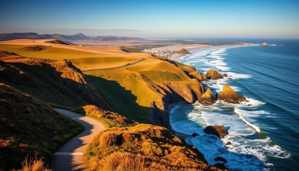 A breathtaking coastline with rugged cliffs, crashing waves, and a serene Half Moon Bay in the distance. Warm sunlight bathes the scene, casting long shadows and illuminating the vibrant greens of the rolling hills. In the foreground, a winding path leads visitors along the picturesque shore, inviting exploration of this captivating California coastal gem. The composition features a balanced blend of land and sea, with the horizon line positioned to showcase the tranquil bay and the majestic Pacific Ocean beyond. The overall mood is one of tranquility, natural beauty, and the allure of coastal discovery.