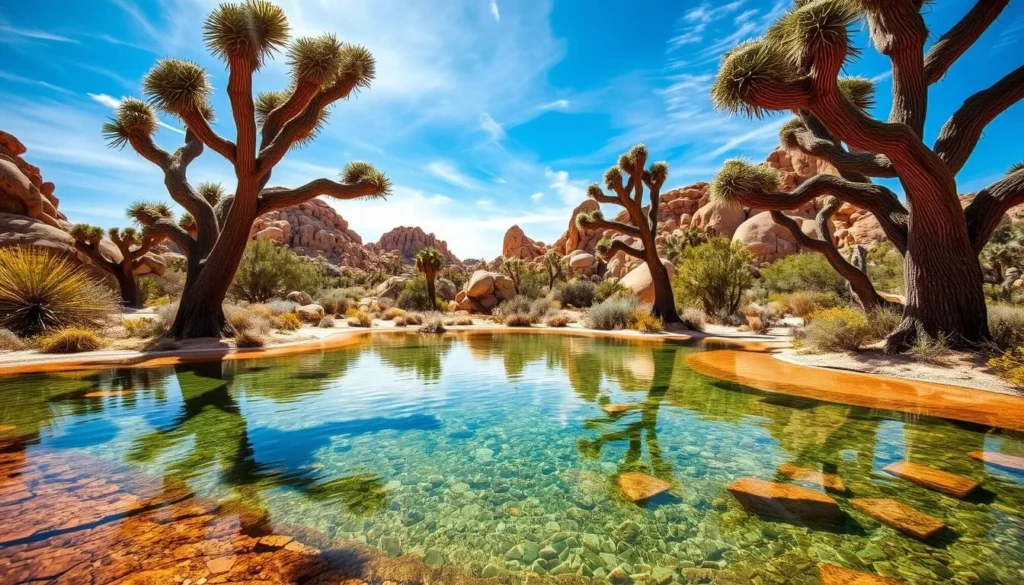A breathtaking desert oasis in Joshua Tree National Park, California. In the foreground, a serene pool of crystal-clear water reflects the iconic, twisted silhouettes of ancient Joshua trees. Sunlight filters through their spiny limbs, casting intricate patterns of light and shadow. In the middle ground, rugged, sun-baked rock formations rise up, their ochre hues complemented by the lush, verdant foliage surrounding the oasis. The background fades into a hazy, azure sky, dotted with wispy clouds. An atmosphere of tranquility and timeless beauty pervades the scene, inviting the viewer to immerse themselves in the restorative power of this natural wonder.