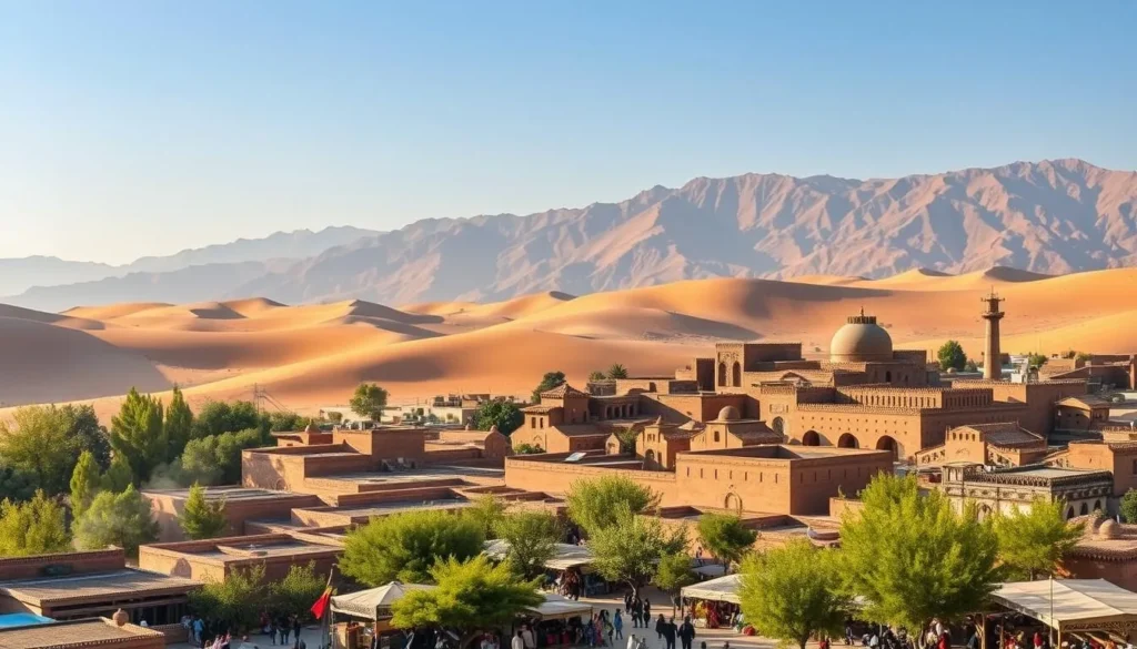 A breathtaking desert oasis nestled amid towering sand dunes, the ancient city of Dunhuang stands as a testament to the region's rich history. Capture the stunning juxtaposition of the lush, verdant greenery and the undulating, golden dunes that surround it. Depict the city's iconic mud-brick architecture, with its intricate patterns and ornate details, bathed in the warm, golden light of a clear desert day. In the foreground, showcase the bustling activity of the local market, with merchants and visitors mingling amidst a vibrant array of colors and textures. In the distance, the majestic Mingsha Mountains rise, their peaks casting long shadows across the scene. Convey a sense of timelessness and tranquility, as if the viewer is stepping back in time to witness the enduring allure of this remarkable oasis.