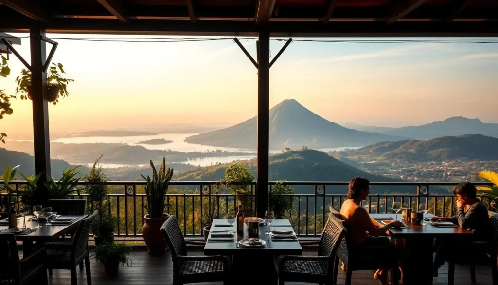 A breathtaking dining view of Taal Volcano from a scenic restaurant terrace in Tagaytay, Philippines. The foreground features a stylish, open-air dining area with wooden tables, rattan chairs, and lush, potted plants. The middle ground showcases the majestic Taal Volcano, its serene lake and lush, verdant slopes bathed in warm, golden afternoon light. The background reveals a panoramic vista of the surrounding hills and valleys, creating a tranquil, picturesque atmosphere. Soft, diffused lighting casts a cozy, inviting ambiance over the scene, perfectly complementing the delectable Filipino cuisine being savored by diners.