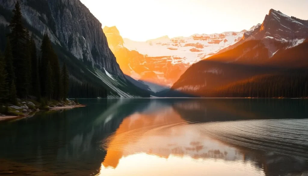 A breathtaking landscape of Banff National Park at sunrise. The tranquil waters of a serene lake reflect the majestic Rocky Mountains, their snow-capped peaks ablaze in the warm glow of the rising sun. Lush, evergreen forests frame the scene, creating a sense of depth and balance. The warm, golden light filters through the atmosphere, casting a soft, ethereal illumination over the entire vista. A wide-angle lens captures the expansive, awe-inspiring panorama, inviting the viewer to immerse themselves in the natural beauty of this iconic Canadian wilderness.