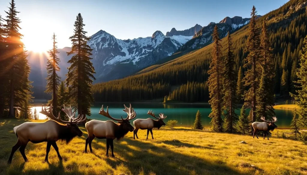 A breathtaking landscape of Banff National Park, showcasing the majestic wildlife. In the foreground, a herd of elk graze peacefully, their antlers casting long shadows as the warm afternoon sun filters through the towering pine trees. In the middle ground, a crystal-clear lake reflects the rugged, snow-capped peaks of the Rocky Mountains, creating a serene and tranquil atmosphere. The background is dominated by dense, lush forests, with glimpses of hiking trails winding through the verdant landscape. The scene is captured with a wide-angle lens, conveying a sense of scale and grandeur, inviting the viewer to immerse themselves in the natural wonder of Banff National Park.