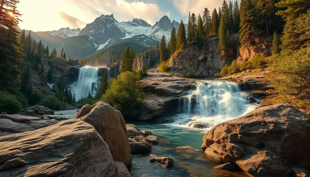 A breathtaking landscape of Boulder Falls, nestled amidst the majestic Rocky Mountains. A rushing cascade of crystal-clear water cascades over a rugged, moss-covered cliff, creating a mesmerizing display of nature's power. The foreground is dominated by large, weathered boulders and lush, verdant foliage, while the middle ground features a tranquil pool at the base of the falls. The background showcases the towering, snow-capped peaks of the Rockies, bathed in warm, golden sunlight filtering through wispy clouds. The scene exudes a sense of serene, untamed beauty, inviting viewers to immerse themselves in the breathtaking splendor of Boulder, Colorado's natural wonders.
