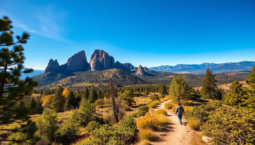 A breathtaking landscape of Boulder's iconic Flatirons, their distinctive slanted rock formations rising majestically against a clear azure sky. Hikers traverse a winding trail, surrounded by lush, verdant foliage and the occasional wildflower. Warm, golden sunlight filters through the trees, casting a serene, inviting glow over the scene. In the distance, the distant peaks of the Rocky Mountains provide a stunning backdrop, completing the picture of Boulder's unique natural charm. Captured with a wide-angle lens to fully encompass the grandeur of the setting, this image evokes a sense of adventure and tranquility, perfectly capturing the essence of "Discovering Boulder's Unique Charm."