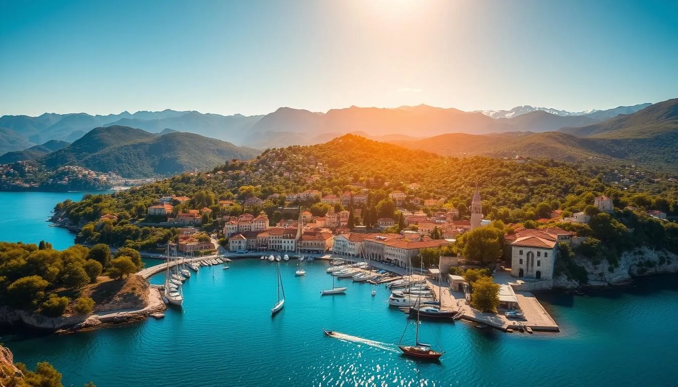 A breathtaking landscape of Croatia's Adriatic coast, with the sun's golden rays casting a warm glow over the turquoise waters and lush, verdant hills. In the foreground, a small, picturesque harbor bustles with sailboats and fishing vessels, while in the middle ground, historic stone buildings and terracotta roofs dot the hillsides. In the background, majestic mountains rise up, their peaks capped with snow. The scene exudes a sense of tranquility and timeless beauty, inviting the viewer to experience the best that Croatia has to offer during the peak travel season.
