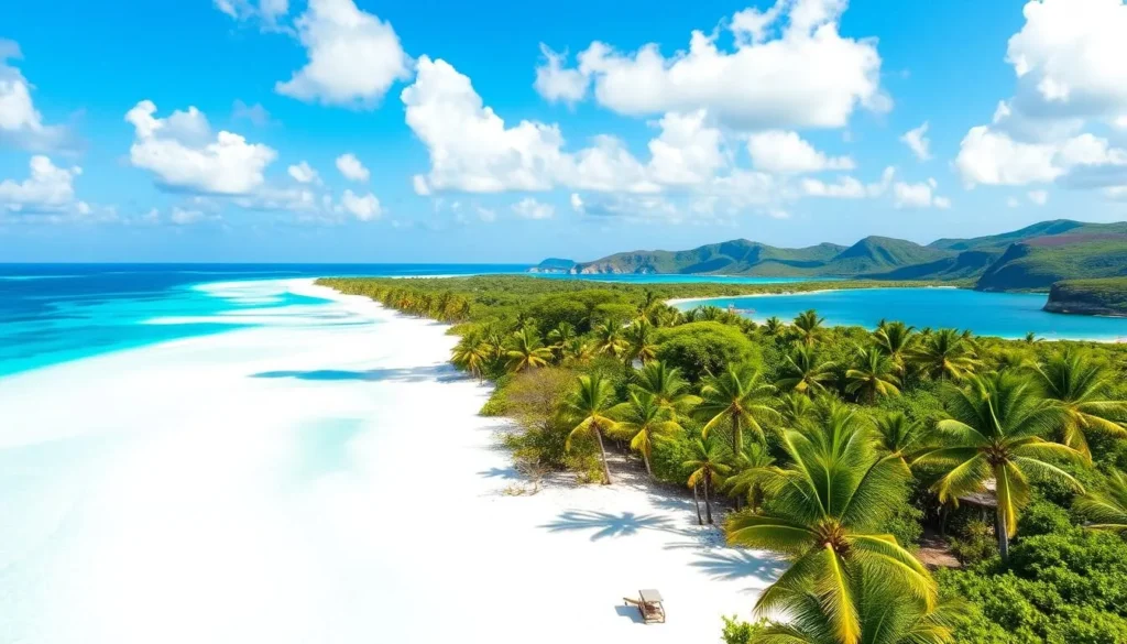 A breathtaking landscape of Eleuthera Island, Bahamas, under a vibrant azure sky. In the foreground, crystalline turquoise waters caress the pristine white sand beach, dotted with lush palm trees swaying gently in the warm island breeze. The middle ground reveals rolling hills draped in verdant tropical foliage, while the distant horizon is punctuated by dramatic limestone cliffs and secluded coves. Capture this ribbon-like paradise through a wide-angle lens, bathed in soft, natural lighting that highlights the island's captivating beauty and tranquil atmosphere.