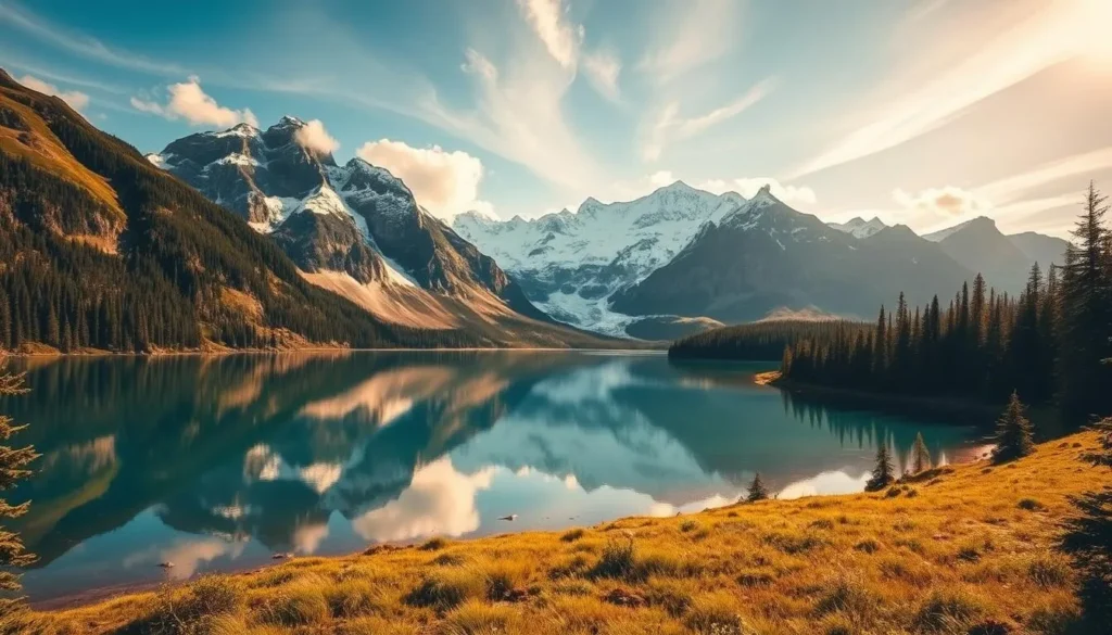 A breathtaking landscape of Glacier National Park, British Columbia, captured on a clear summer day. In the foreground, a crystalline glacial lake reflects the rugged peaks and snow-capped mountains that rise majestically in the background. Lush alpine meadows and evergreen forests frame the scene, creating a serene and pristine atmosphere. The warm, golden sunlight filters through wispy clouds, casting a warm glow over the entire landscape. Capture the grandeur and tranquility of this stunning natural wonder, showcasing the best time to visit this breathtaking destination.