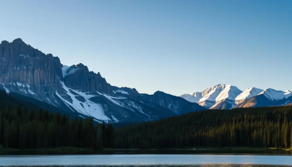 A breathtaking landscape of Jasper National Park, Alberta, Canada. In the foreground, a serene alpine lake reflects the majestic peaks of the Rocky Mountains, their snow-capped summits glowing in the warm, golden light of a sunny day. Lush, verdant forests line the lake's shores, creating a peaceful, tranquil atmosphere. In the middle ground, dramatic, jagged cliffs rise up, their rugged, weathered faces casting dramatic shadows across the scene. In the distance, a panoramic vista of snow-dusted mountain ranges stretches out, their peaks reaching up towards a clear, azure sky. A sense of awe-inspiring natural beauty and wonder permeates the scene, inviting the viewer to immerse themselves in the breathtaking wonders of Jasper National Park.