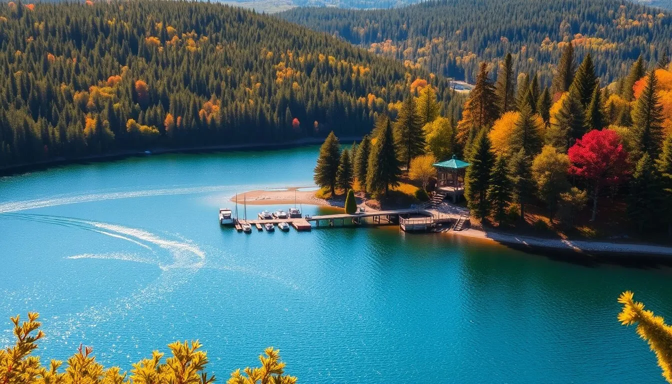 A breathtaking landscape of Leech Lake in Minnesota, nestled amidst the lush, verdant forests. In the foreground, pristine blue waters glisten under the warm, golden sunlight, inviting visitors to explore its serene shores. The middle ground features a picturesque dock, with boats gently bobbing on the tranquil surface. Surrounding the lake, towering pines and deciduous trees create a picturesque backdrop, their vibrant foliage reflecting the changing seasons. The scene is bathed in a soft, natural light, conveying a sense of peace and tranquility. This idyllic setting captures the essence of Leech Lake, Minnesota, a true haven for outdoor enthusiasts and nature lovers alike.