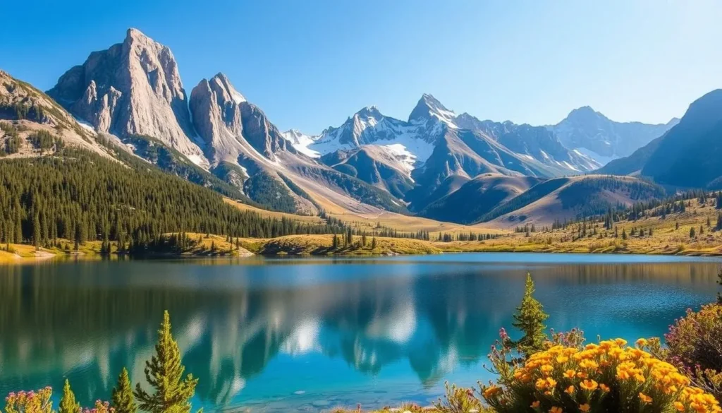 A breathtaking landscape of Mammoth Lakes, nestled within the majestic Eastern Sierra Nevada mountains. The foreground features a tranquil alpine lake, its crystal-clear waters reflecting the towering peaks and lush green forests surrounding it. In the middle ground, rolling hills are dotted with vibrant wildflowers, while the background showcases the iconic granite cliffs and snow-capped summits of the Sierra Nevada range. Warm, golden sunlight filters through the scene, casting a serene and inviting atmosphere. The image captures the natural beauty and grandeur of this remarkable region, perfectly encapsulating the essence of "Discovering the Natural Beauty of Mammoth Lakes." A breathtaking landscape of Mammoth Lakes, nestled within the majestic Eastern Sierra Nevada mountains. The foreground features a tranquil alpine lake, its crystal-clear waters reflecting the towering peaks and lush green forests surrounding it. In the middle ground, rolling hills are dotted with vibrant wildflowers, while the background showcases the iconic granite cliffs and snow-capped summits of the Sierra Nevada range. Warm, golden sunlight filters through the scene, casting a serene and inviting atmosphere. The image captures the natural beauty and grandeur of this remarkable region, perfectly encapsulating the essence of "Discovering the Natural Beauty of Mammoth Lakes."