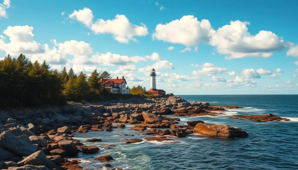 A breathtaking landscape of Marquette, Michigan's Upper Peninsula. In the foreground, the rugged coastline of Lake Superior meets the rocky shores, with gentle waves lapping against the smooth boulders. Lush evergreen trees line the horizon, their verdant foliage contrasting with the deep blue of the lake. In the middle ground, the iconic Marquette Lighthouse stands tall, its white-painted tower and red roof a beacon for travelers. The sky is a brilliant azure, dotted with fluffy white clouds, casting a warm, golden glow over the entire scene. A perfect summer day, capturing the natural beauty and charm of this gem in Michigan's Upper Peninsula.