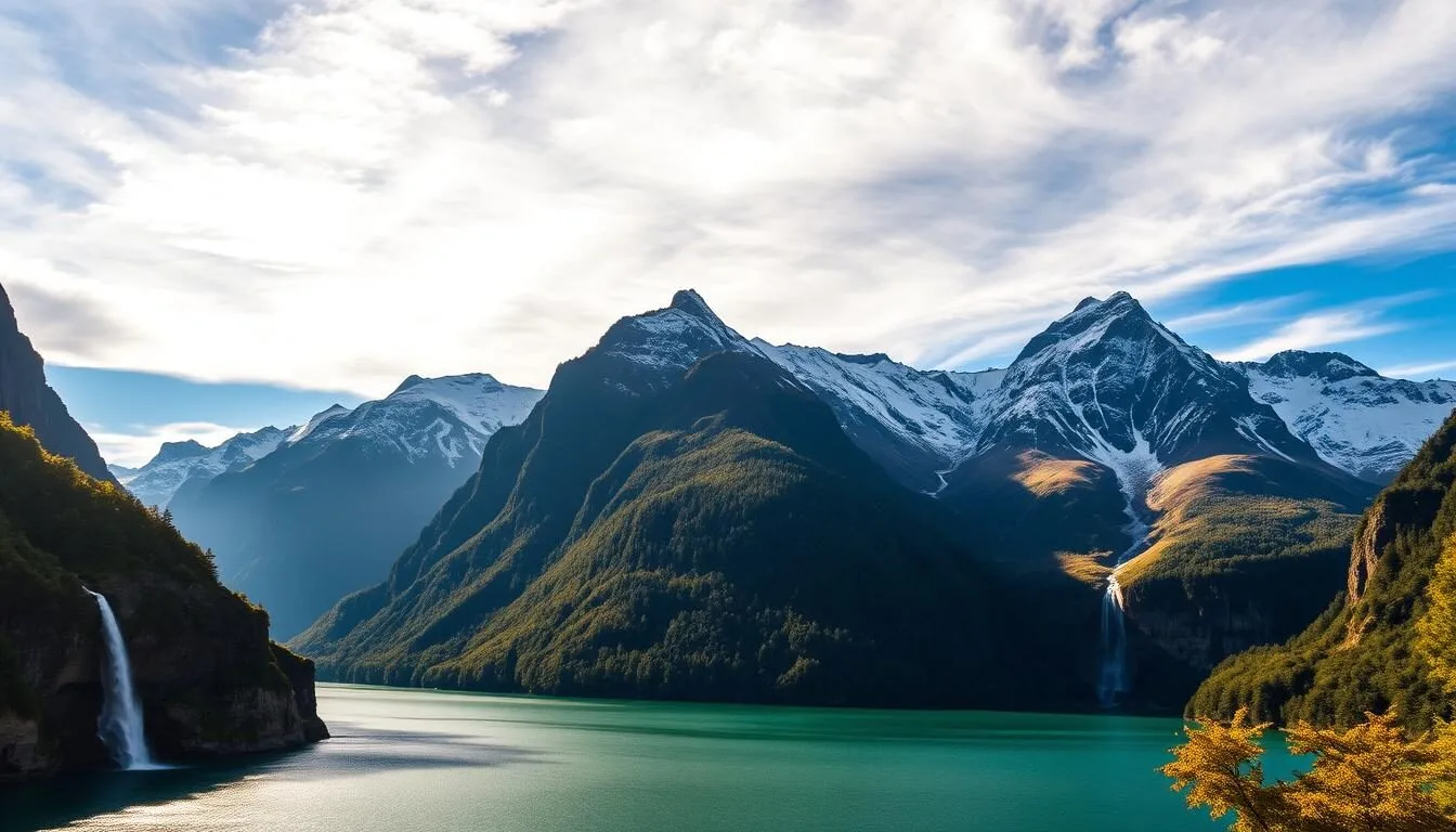 A breathtaking landscape of Milford Sound, New Zealand, captured on a bright, sunny day. In the foreground, towering cliffs and cascading waterfalls frame the tranquil, mirror-like fjord. The middle ground features lush, verdant forests and rugged, snow-capped peaks reaching towards the sky. The background is dominated by a majestic, cloud-streaked azure sky, illuminated by warm, golden sunlight filtering through. The scene exudes a sense of awe-inspiring natural beauty, serenity, and adventure, perfectly capturing the essence of this stunning New Zealand destination.