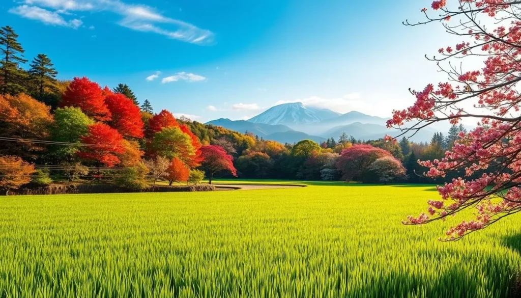 A breathtaking landscape of Niigata Prefecture in Japan, showcasing the region's diverse seasonal beauty. In the foreground, a serene rice paddy reflects the azure sky, its verdant green hues glistening in the warm afternoon sunlight. Framing the scene, a lush forest of towering Japanese maples and cherry blossoms creates a vibrant tapestry of reds, pinks, and greens. In the distance, the majestic snow-capped peaks of the Northern Alps rise majestically, bathed in a soft, golden glow. The overall atmosphere is one of tranquility and natural harmony, capturing the essence of Niigata's weather-savvy charm.