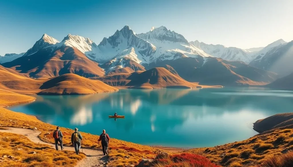 A breathtaking landscape of Patagonia's rolling hills and snow-capped peaks, bathed in warm golden light. In the foreground, a group of hikers traversing a winding trail, their backpacks and trekking poles visible. In the middle ground, a pristine glacier-fed lake reflects the stunning scenery, with a lone kayaker gliding across its serene surface. The background features a dramatic, rugged mountain range, its jagged ridges silhouetted against a clear, azure sky. The scene conveys a sense of adventure, solitude, and the awe-inspiring natural beauty of this remote, untamed region.