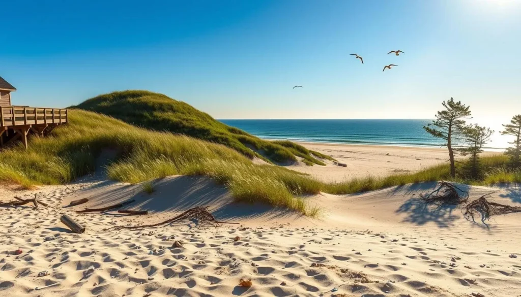 A breathtaking landscape of Plum Island, Massachusetts, basking in the warm glow of the sun. A pristine sandy beach stretches out in the foreground, dotted with driftwood and seashells. In the middle ground, lush green dunes rise up, their slopes adorned with delicate beach grasses swaying gently in the sea breeze. Beyond, the sparkling blue waters of the Atlantic Ocean meet the horizon, with the silhouettes of seabirds soaring overhead. The scene is framed by a picturesque wooden jetty on the left and a cluster of coastal pine trees on the right, creating a sense of balance and depth. The overall mood is one of tranquility and natural beauty, inviting the viewer to step into this New England coastal gem.