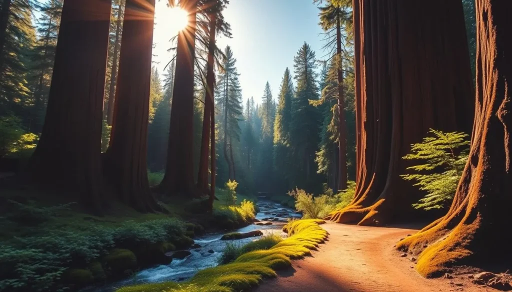 A breathtaking landscape of Redwood National Park in northern California, bathed in warm, golden sunlight filtering through the towering, ancient redwood trees. In the foreground, a winding, mossy path invites the viewer to explore the serene forest. The middle ground features a tranquil stream, its waters reflecting the lush, verdant undergrowth. In the background, majestic redwood trunks stretch towards the clear, azure sky, their canopies creating a cathedral-like atmosphere. The scene evokes a sense of timeless wonder and peaceful solitude, capturing the essence of the best time to visit this natural wonder.