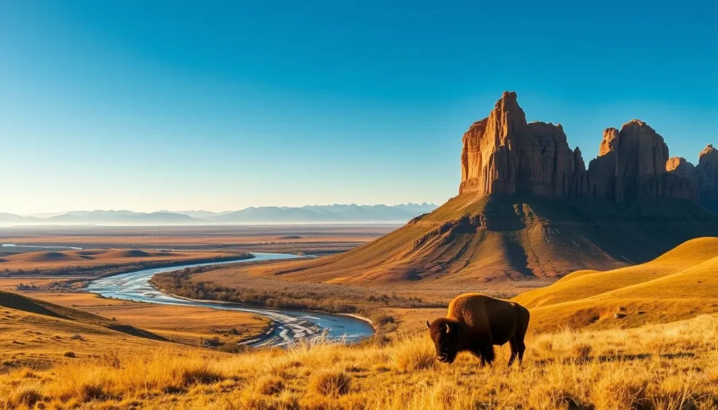 A breathtaking landscape of South Dakota's natural beauty, captured under a warm, golden-hour sun. In the foreground, a majestic bison grazes peacefully, its powerful frame silhouetted against the rolling, grass-covered hills. The middle ground reveals a winding river, its waters sparkling like diamonds, flanked by towering, rust-colored rock formations that reach up towards a cloudless, azure sky. In the distance, the iconic peaks of the Black Hills rise majestically, their jagged outlines softened by the hazy, atmospheric perspective. The scene radiates a sense of tranquility and timelessness, inviting the viewer to immerse themselves in the natural splendor of this remarkable region.