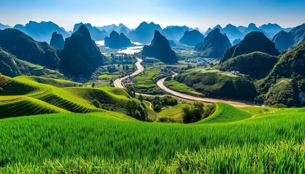 A breathtaking landscape of Yangshuo County, China, unfolds before the viewer. In the foreground, lush, verdant rice paddies stretch out, their emerald hues reflecting the clear sky above. Towering limestone karst mountains rise majestically in the middle ground, their jagged peaks casting dramatic shadows across the scene. In the distance, a winding river snakes through the valley, its tranquil waters shimmering in the warm, golden sunlight. The overall atmosphere is one of serene, natural beauty, inviting the viewer to immerse themselves in the stunning, picturesque splendor of this Chinese scenic paradise.