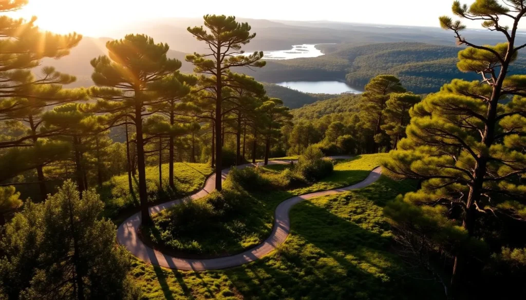 A breathtaking landscape of lush, verdant hiking trails winds through the heart of Fontainebleau State Park. The sun's warm glow bathes the scene in a gentle, golden light, casting long shadows across the winding paths. Towering pine trees line the trails, their swaying branches creating a serene, natural canopy overhead. In the distance, a serene lake reflects the surrounding foliage, inviting hikers to pause and take in the tranquil beauty of this picturesque setting. The trails meander through rolling hills and dense forests, offering a variety of terrain for adventurous explorers. This idyllic scene captures the essence of the park's natural wonders, ready to be discovered by those who seek to immerse themselves in the great outdoors.