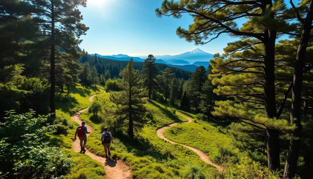 A breathtaking landscape of lush, verdant trails winding through the picturesque Kantō region of Japan. Sunlight filters through the canopy of towering, ancient trees, casting a warm, golden glow over the winding paths. In the foreground, a group of hikers traverse the well-maintained trail, their steps muffled by the soft, earthy foliage. Distant peaks of the Chichibu-Tama-Kai National Park rise majestically in the background, their snow-capped summits gleaming in the clear, azure sky. The scene exudes a sense of tranquility and connection with nature, inviting the viewer to embark on an enchanting outdoor adventure in this breathtaking corner of Japan.