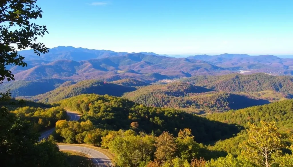 A breathtaking landscape of the Blue Ridge Mountains in Georgia, bathed in the warm glow of the afternoon sun. In the foreground, a winding country road leading through lush, verdant forests, their canopy of leaves casting dappled shadows across the scene. In the middle ground, rolling hills and ridges covered in a tapestry of vibrant greens, blues, and purples, with the occasional pop of autumn colors. In the distance, the majestic Blue Ridge peaks rise up, their jagged silhouettes framed against a clear, azure sky. The entire scene is imbued with a sense of tranquility and natural beauty, capturing the essence of Georgia's stunning seasonal landscapes.
