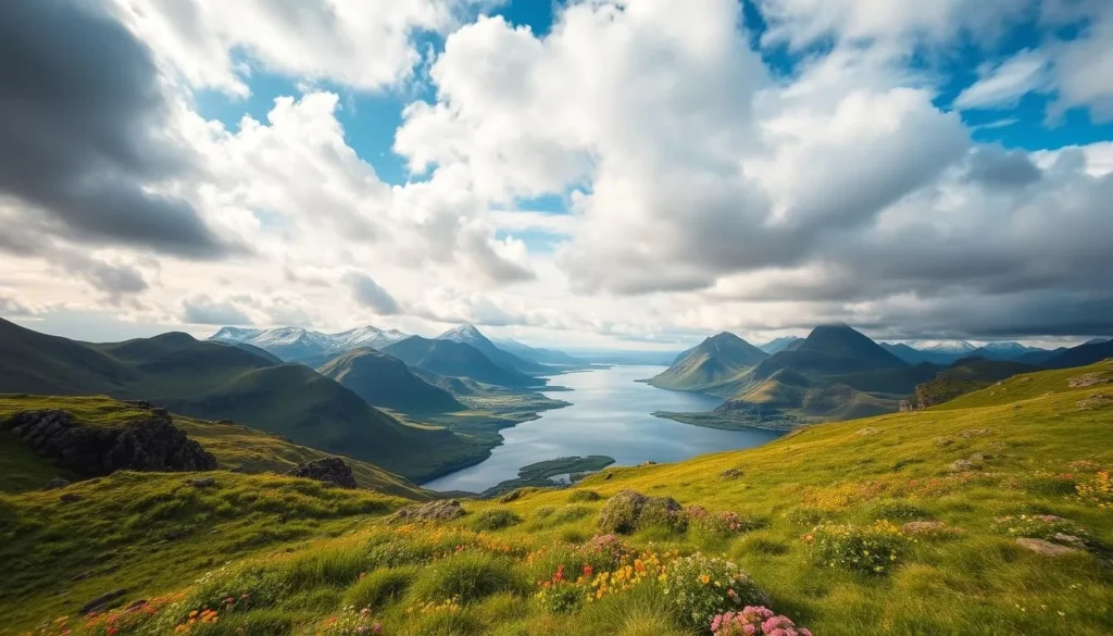 A breathtaking landscape of the Faroe Islands under a dramatic, ever-changing sky. In the foreground, lush green hills and rocky cliffs dotted with vibrant wildflowers. In the middle ground, a serene fjord reflecting the fluffy clouds above. In the distance, majestic mountains with snow-capped peaks pierce the horizon. Warm, natural lighting bathes the scene, casting long shadows and creating a sense of depth and tranquility. Capture the essence of the Faroe Islands' tempestuous yet beautiful weather in a single, captivating image.