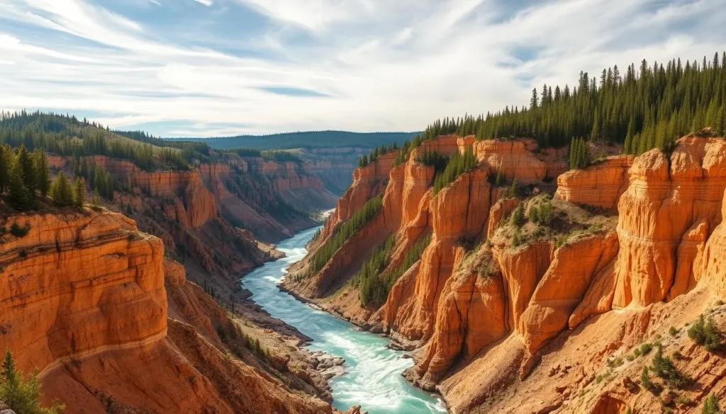 A breathtaking landscape of the Grand Canyon of Yellowstone, carved by the powerful Yellowstone River. Majestic ochre and rust-colored walls rise up on either side, with lush, verdant forests crowning the ridges. The river rushes and tumbles over rocky outcroppings, its turquoise waters sparkling in the warm, golden sunlight. Wispy clouds drift overhead, casting gentle shadows across the dramatic cliffs. Capture the scale and grandeur of this natural wonder, conveying a sense of awe and wonder at the power of nature. Use a wide-angle lens to showcase the full breadth of the canyon, with careful attention to lighting and depth of field to create a stunning, photorealistic image.