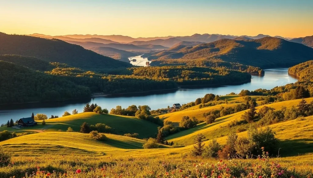 A breathtaking landscape of the Hudson River Valley, bathed in warm golden sunlight. In the foreground, lush rolling hills are dotted with vibrant wildflowers and picturesque farmhouses. The serene river winds its way through the middle ground, reflecting the surrounding verdant forests and towering bluffs. In the distance, the iconic Catskill Mountains rise majestically, their peaks casting long shadows across the tranquil scene. The overall atmosphere is one of peaceful charm and timeless natural beauty, perfectly capturing the essence of this beloved region of New York.