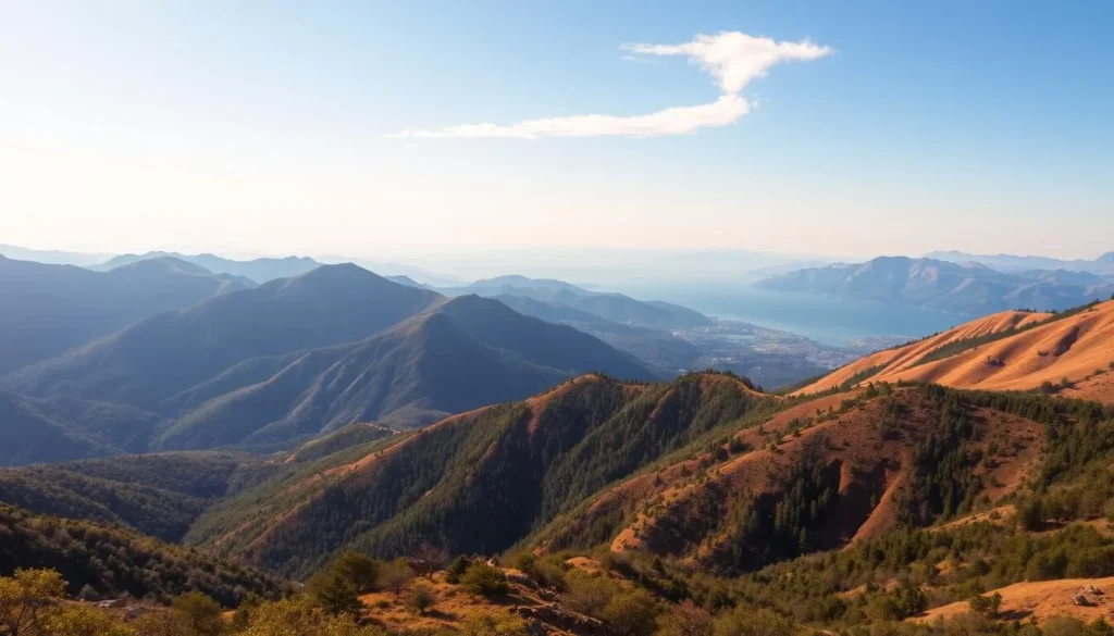 A breathtaking landscape of the "Land of Fire" - Azerbaijan. In the foreground, a majestic, fiery-hued mountain range rises majestically, its peaks illuminated by the warm, golden light of the sun. In the middle ground, rolling hills are dotted with lush, verdant forests, while in the distance, a shimmering lake reflects the azure sky above. The scene is bathed in a soft, ethereal glow, creating a sense of tranquility and wonder. A light, wispy cloud formation drifts overhead, adding to the serene atmosphere. The overall impression is one of natural beauty, power, and the timeless essence of this captivating region.