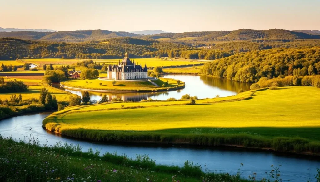 A breathtaking landscape of the Loire Valley, France, bathed in warm sunlight. In the foreground, a tranquil river winds through lush meadows dotted with wildflowers. Towering chateaux perch atop rolling hills in the middle ground, their elegant spires and turrets reflected in the glassy waters. The background is framed by a tapestry of verdant forests, their canopies dappled with golden light. A sense of timeless charm and quiet grandeur permeates the scene, inviting the viewer to explore the captivating history and natural beauty of this enchanting region.