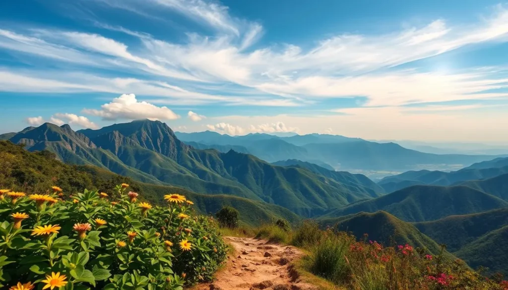 A breathtaking landscape of the Shenzhen Mountains, captured on a picturesque day. In the foreground, lush green foliage and vibrant wildflowers adorn the trail, leading the viewer deeper into the scene. The middle ground showcases the majestic peaks, their rugged, sun-kissed slopes rising majestically against a clear, azure sky. Wispy clouds drift lazily overhead, casting gentle shadows upon the mountainsides. The background is dominated by a panoramic vista of rolling hills and distant ridges, bathed in the warm, golden glow of the afternoon sun. The overall mood is one of tranquility and awe-inspiring natural beauty, inviting the viewer to embark on a captivating hiking adventure through Shenzhen's breathtaking mountain landscapes.