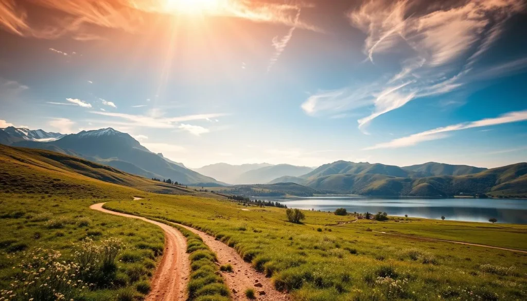 A breathtaking landscape of the Sierras Subbeticas National Park in Córdoba, Spain. Rolling hills and rugged mountains rise up in the distance, their peaks capped with a dusting of snow. In the foreground, a winding dirt path leads through a lush, verdant meadow dotted with wildflowers. Warm, golden sunlight filters through wispy clouds, casting a soft, inviting glow over the entire scene. A serene lake reflects the surrounding natural beauty, its still waters offering a mirror-like surface. The overall atmosphere is one of tranquility and natural splendor, perfect for a day trip from the nearby city of Córdoba.