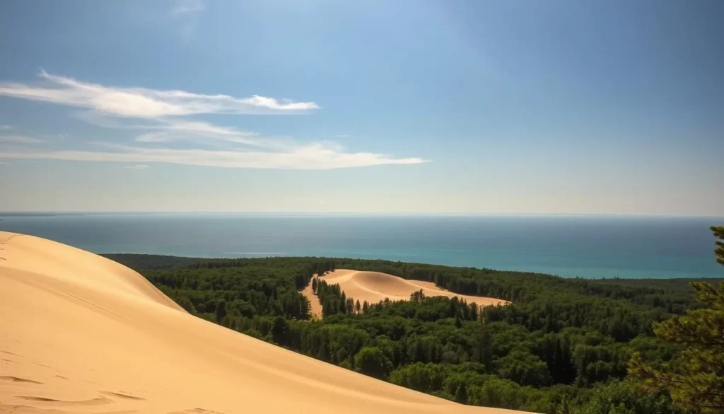 A breathtaking landscape of the Sleeping Bear Dunes National Lakeshore, captured on a clear, sunny day. In the foreground, the iconic sand dunes rise majestically, their slopes gently sloping towards a tranquil, azure lake. Sunlight filters through wispy clouds, casting a warm, golden glow over the scene. In the middle ground, lush, verdant forests frame the dunes, their canopy of trees swaying gently in the breeze. The background features the distant horizon, where the lake meets the sky, creating a seamless, serene panorama. The overall atmosphere evokes a sense of peaceful tranquility, inviting the viewer to immerse themselves in the natural beauty of this stunning Michigan landscape.