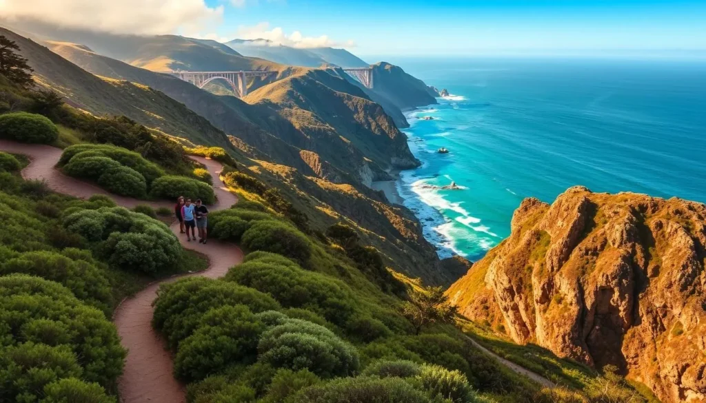 A breathtaking landscape of the iconic Big Sur coastline, with dramatic cliffs plunging into the turquoise Pacific. In the foreground, a meandering hiking trail winds through lush, verdant foliage, inviting visitors to explore. The middle ground features a picturesque overlook, where a family takes in the sweeping vistas, bathed in warm, golden sunlight. In the distance, the legendary Bixby Creek Bridge arches gracefully over a rugged, wave-swept cove. The overall scene conveys the sense of adventure, serenity, and natural wonder that defines the Big Sur experience.