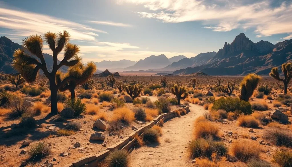 A breathtaking landscape of the iconic Joshua trees silhouetted against a vibrant, cloudless sky. In the foreground, a rugged, sun-kissed desert floor dotted with scattered boulders and lush desert shrubs. The middle ground reveals a winding desert trail, inviting exploration. In the distance, the majestic mountains of Joshua Tree National Park rise up, their jagged peaks casting long shadows across the golden-hued terrain. Warm, diffused natural lighting bathes the scene, creating a serene and tranquil atmosphere. Captured with a wide-angle lens to fully encompass the grandeur of this remarkable desert oasis.