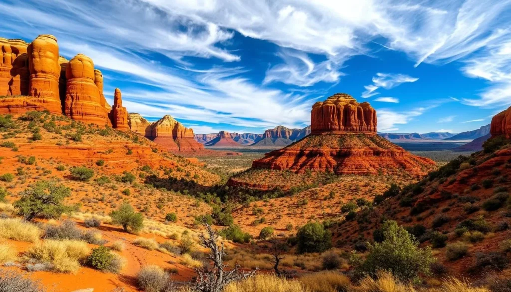 A breathtaking landscape of the majestic Sedona Red Rocks, bathed in the warm glow of the Arizona sun. In the foreground, towering sandstone formations rise majestically, their vibrant hues of rust, amber, and crimson casting long shadows across the arid terrain. In the middle ground, a winding desert trail leads the eye towards a serene, oak-dotted valley, framed by the distant peaks of the surrounding mountains. The sky is a brilliant azure, with wispy clouds drifting lazily overhead, creating a sense of tranquility and wonder. Capture the essence of Sedona's natural beauty, showcasing the rugged, yet breathtaking landscape that has drawn visitors from around the world.