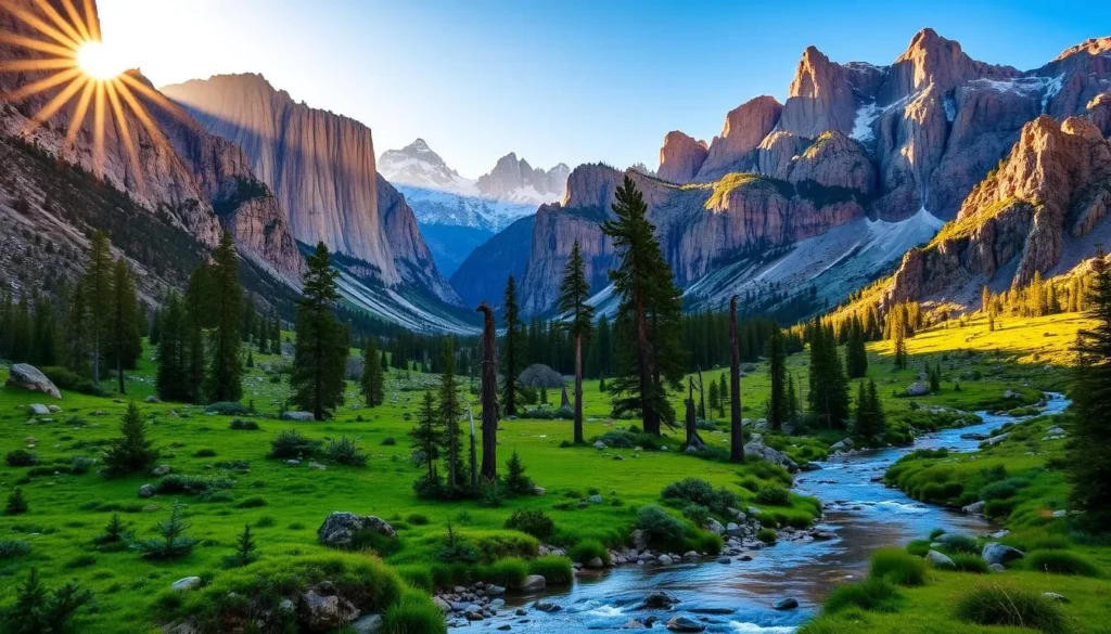 A breathtaking landscape of towering granite peaks and lush, verdant meadows in Kings Canyon National Park, California. The sun's warm rays cast a golden glow over the rugged terrain, highlighting the intricate details of the rock formations. In the foreground, a crystal-clear stream meanders through the valley, its gentle currents reflecting the surrounding mountains. Tall pines and fir trees dot the middle ground, providing a sense of depth and scale. In the distance, the iconic peaks of the Sierra Nevada range stand tall, their snow-capped summits reaching towards the azure sky. The overall scene conveys a sense of serenity and adventure, inviting the viewer to explore this natural wonder.