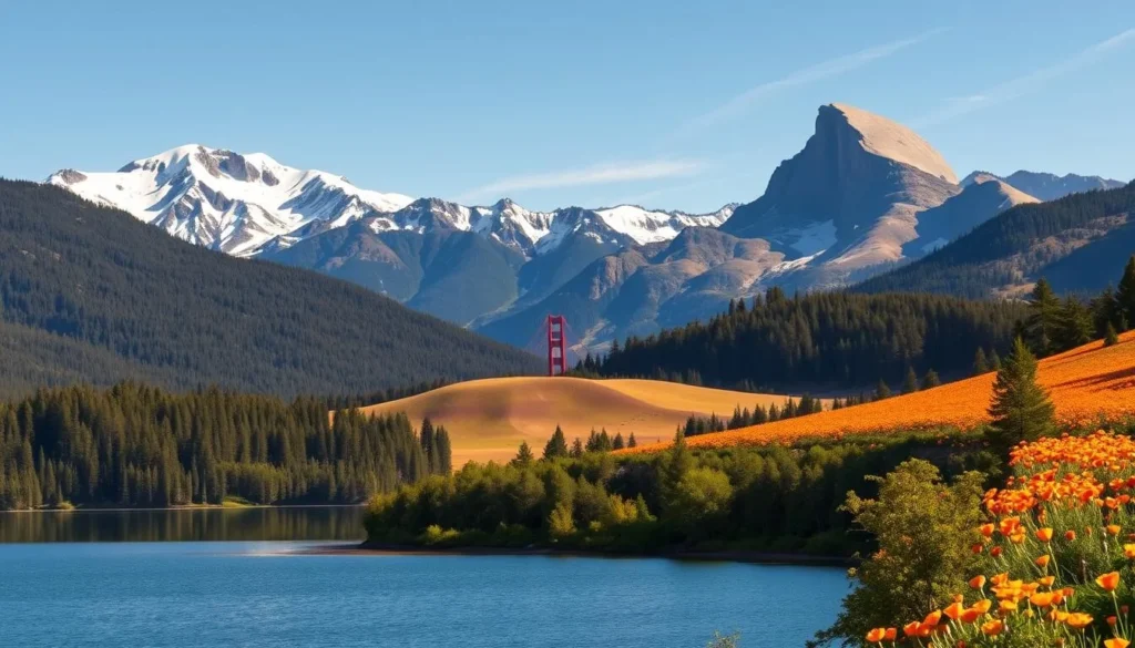 A breathtaking landscape showcasing the diverse treasures of California's Golden State. In the foreground, a tranquil lake reflects the towering, snow-capped peaks of the Sierra Nevada mountains. Lush, verdant forests line the shores, their canopies dappled with shafts of warm, golden sunlight. In the middle ground, rolling hills dotted with iconic California poppies sway gently in the breeze. The background features iconic landmarks like the iconic Golden Gate Bridge and the majestic Yosemite Valley, bathed in a warm, golden glow. The scene exudes a sense of natural wonder and untamed beauty, capturing the essence of California's breathtaking treasures.