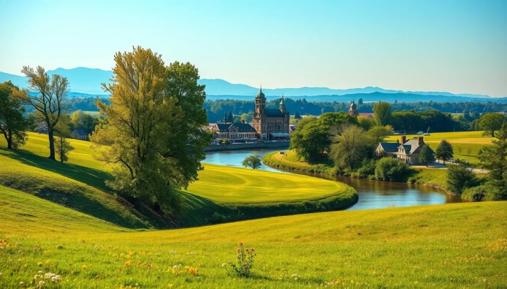 A breathtaking landscape showcasing the natural beauty of the region surrounding Keokuk, Iowa. In the foreground, rolling green hills dotted with vibrant wildflowers lead the eye towards a tranquil river winding its way through the scene. Tall, majestic trees line the riverbanks, casting gentle shadows and filtering the warm, golden sunlight. In the middle ground, a quaint, historic town with charming buildings and a bustling main street comes into view, inviting the viewer to explore its unique character. The background features distant, hazy blue mountains, creating a sense of depth and wonder. The overall mood is one of serenity, adventure, and the appreciation of the great outdoors.