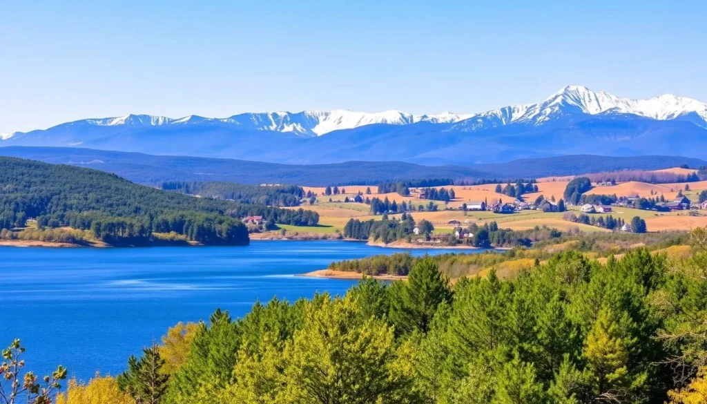 A breathtaking landscape showcasing the natural wonders surrounding Schenectady. In the foreground, a picturesque lake reflects the clear blue sky, its calm waters gently lapping against the shore. Lush, verdant trees line the banks, their branches swaying in a light breeze. In the middle ground, rolling hills stretch out, dotted with charming farmhouses and quaint villages, inviting exploration. The background is dominated by majestic mountains, their snow-capped peaks reaching towards the heavens, bathed in warm, golden light. The scene exudes a sense of tranquility and adventure, perfectly capturing the allure of the day trips that await visitors to Schenectady.