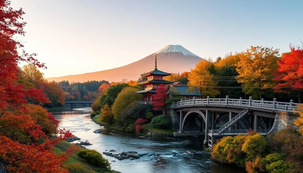 A breathtaking landscape showcasing the seasonal highlights of Japan's Kantō region. In the foreground, a tranquil river reflects the vibrant foliage of autumn, with a traditional wooden bridge arching gracefully over the water. In the middle ground, a serene temple nestled among lush greenery stands as a testament to the region's rich cultural heritage. The background features the iconic silhouette of Mount Fuji, its snow-capped peak bathed in the warm glow of the setting sun, creating a picturesque scene that captures the essence of this enchanting corner of Japan.