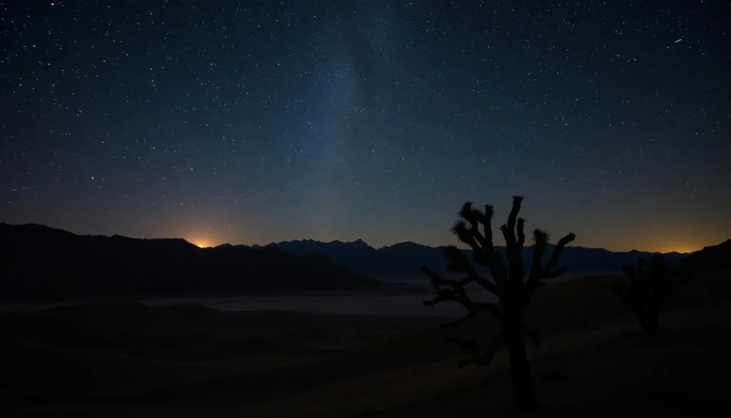 A breathtaking night sky over the rugged Panamint Range in Death Valley National Park. In the foreground, the stark, undulating desert landscape is bathed in the soft, warm glow of a crescent moon. Millions of stars twinkle and shimmer in the inky black heavens above, creating a dazzling celestial display. In the middle ground, the silhouettes of ancient, twisted joshua trees stretch up towards the cosmos. The scene is captured with a wide-angle lens, emphasizing the vast, expansive nature of this remote, otherworldly environment. An atmosphere of tranquility and wonder pervades the image, inviting the viewer to gaze upwards and become lost in the timeless beauty of the night sky.