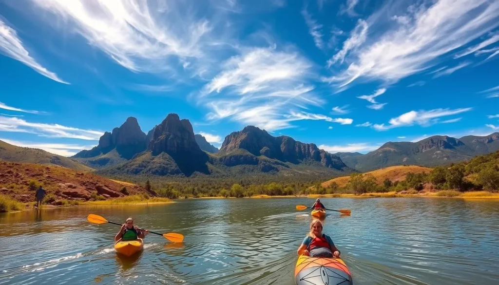A breathtaking outdoor scene in South Australia, captured on a bright and sunny day. In the foreground, people kayak across a tranquil lake, their paddles gently slicing through the mirror-like surface. In the middle ground, hikers ascend a rugged trail, taking in panoramic views of rolling hills and lush, verdant foliage. In the background, towering granite peaks rise majestically, their jagged silhouettes framed by a brilliant blue sky peppered with wispy, golden-hued clouds. The overall mood is one of adventure, serenity, and a deep connection to the natural world.