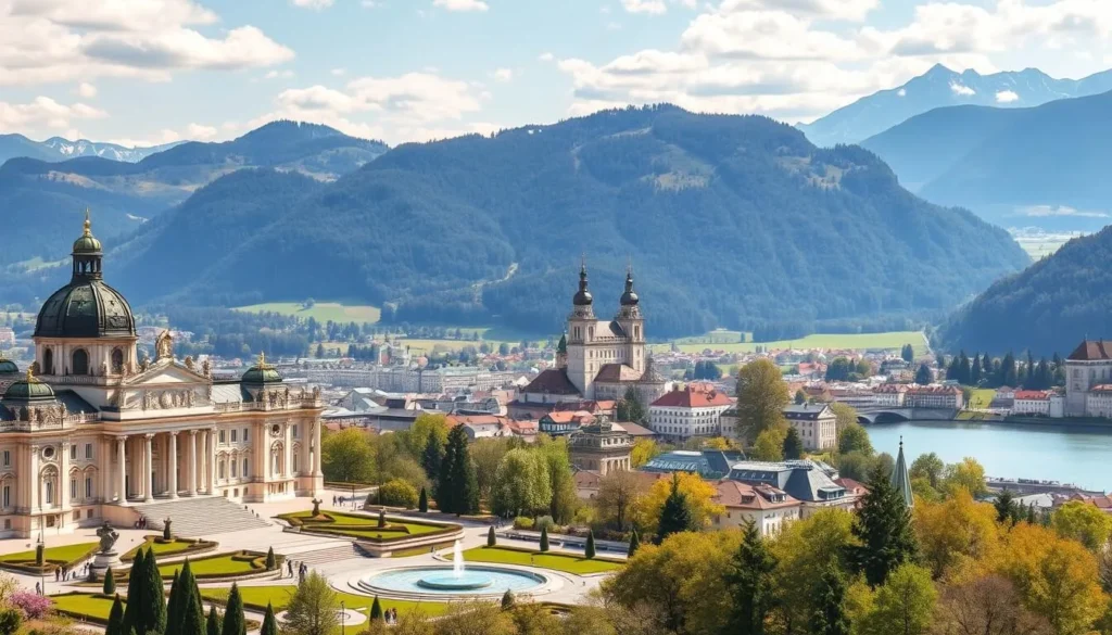 A breathtaking panorama of Austria's UNESCO World Heritage Sites on a sun-dappled day. In the foreground, the grand, ornate Schönbrunn Palace with its expansive gardens and fountains gleams under soft natural light. In the middle ground, the historic city of Salzburg nestles between rolling hills, its Baroque architecture and the majestic Hohenzollern Fortress standing tall. Further in the distance, the serene, alpine landscapes of the Hallstatt region, with its crystalline lake and quaint villages, create a picturesque backdrop. Capture the essence of Austria's timeless charm and cultural treasures in a single, harmonious composition. A breathtaking panorama of Austria's UNESCO World Heritage Sites on a sun-dappled day. In the foreground, the grand, ornate Schönbrunn Palace with its expansive gardens and fountains gleams under soft natural light. In the middle ground, the historic city of Salzburg nestles between rolling hills, its Baroque architecture and the majestic Hohenzollern Fortress standing tall. Further in the distance, the serene, alpine landscapes of the Hallstatt region, with its crystalline lake and quaint villages, create a picturesque backdrop. Capture the essence of Austria's timeless charm and cultural treasures in a single, harmonious composition.