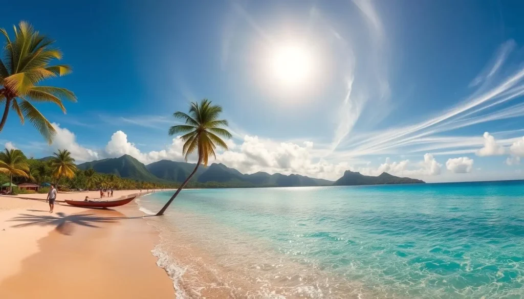 A breathtaking panorama of Grand Anse Beach, Grenada's crown jewel. Crystal-clear turquoise waters caress the soft, golden sand, framed by lush, verdant palm trees swaying in the gentle breeze. In the background, the emerald hills of the island rise majestically, creating a stunning natural backdrop. Sunlight filters through wispy clouds, casting a warm, golden glow over the serene scene. Beachgoers stroll along the water's edge, enjoying the tranquil atmosphere. The lens captures the idyllic essence of this Caribbean paradise, a true gem waiting to be discovered.